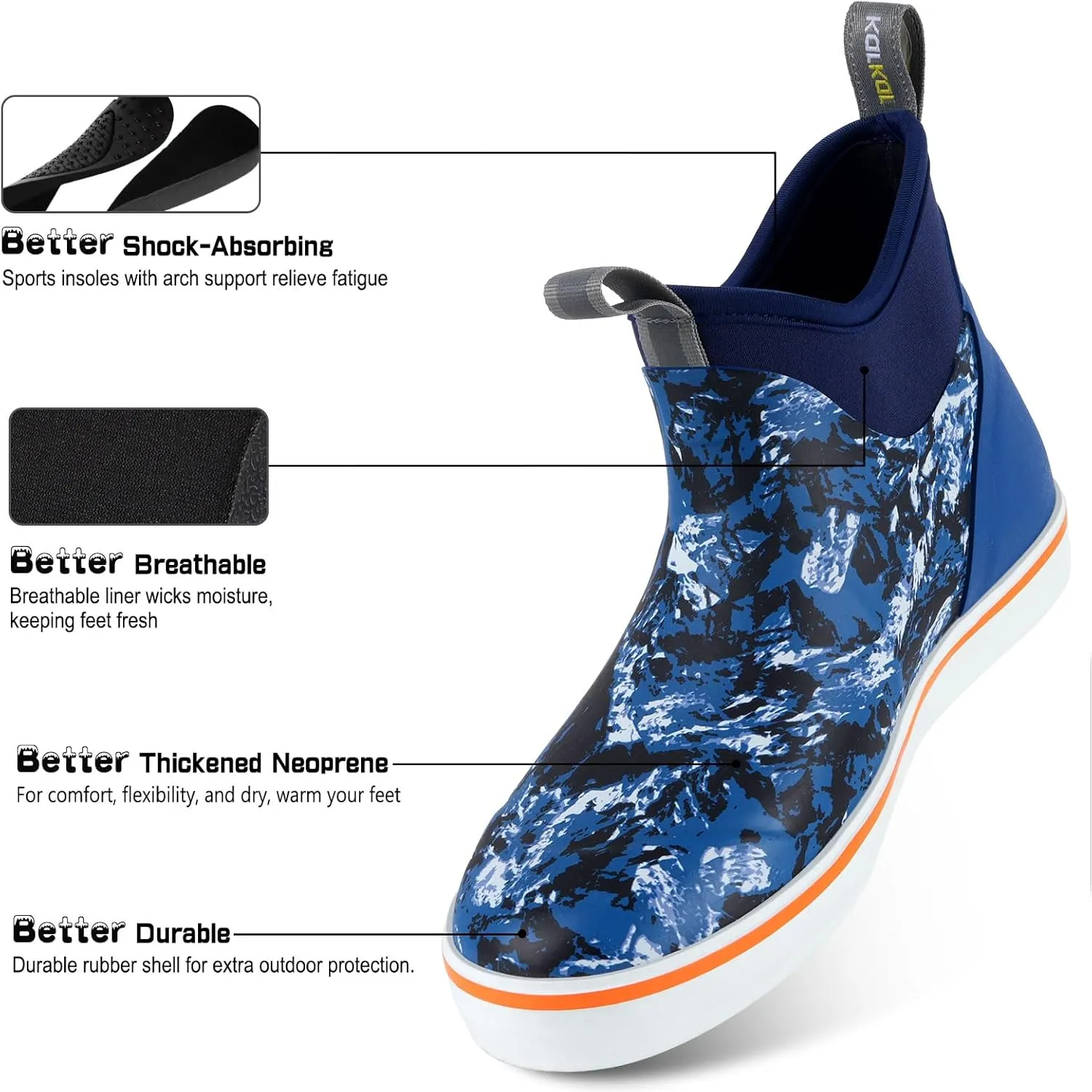 Kalkal Men's Deck Boots, Waterproof Fishing Rain Boots with High Traction, Men's Rubber Boots For Gardening Fishing Boating Camping Sailing