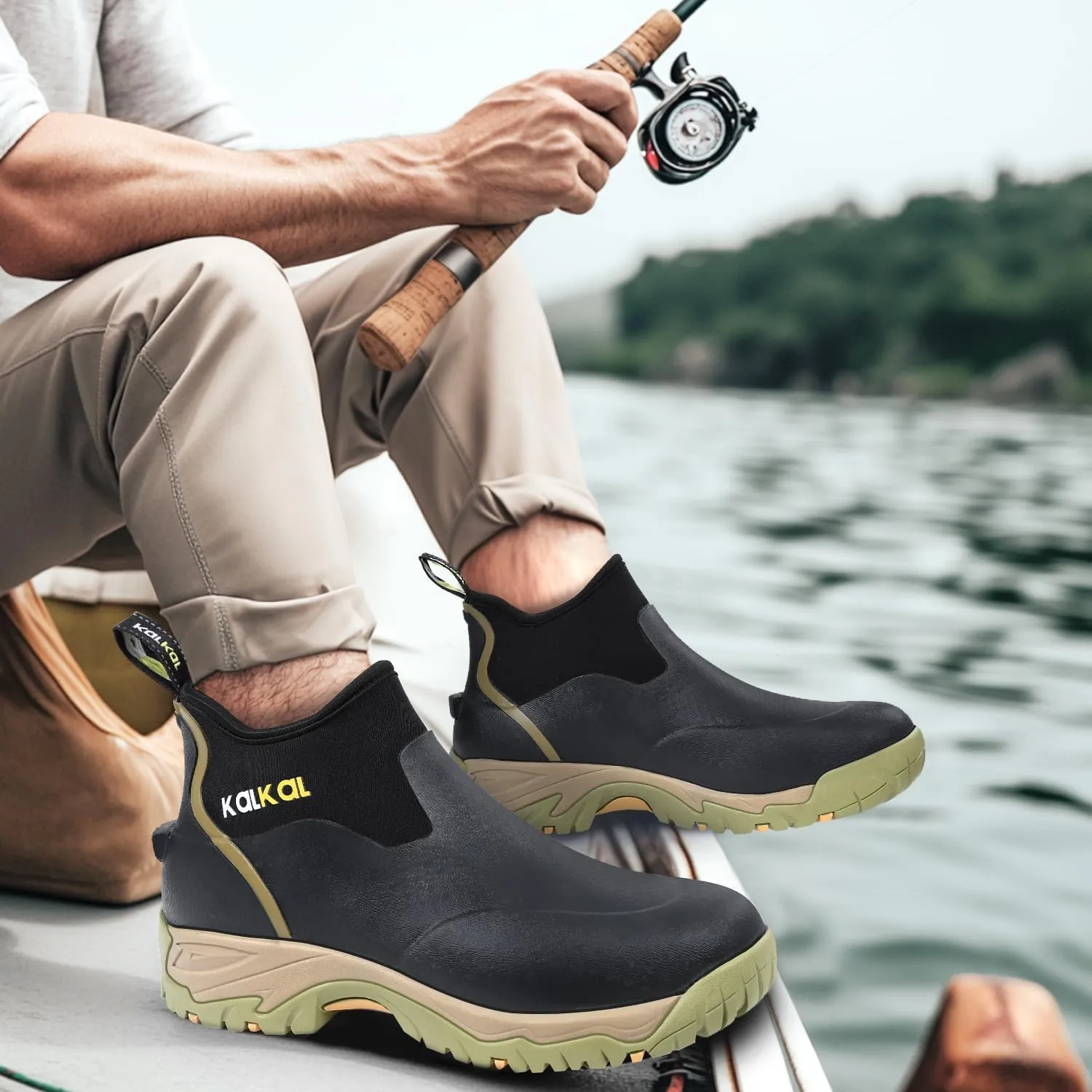 Kalkal Men's Rubber Boots, Waterproof Ankle Rain Boots, Insulated Working Booties with Comfortable Sports Sole, Outdoor Mud Boots for Yard Chore