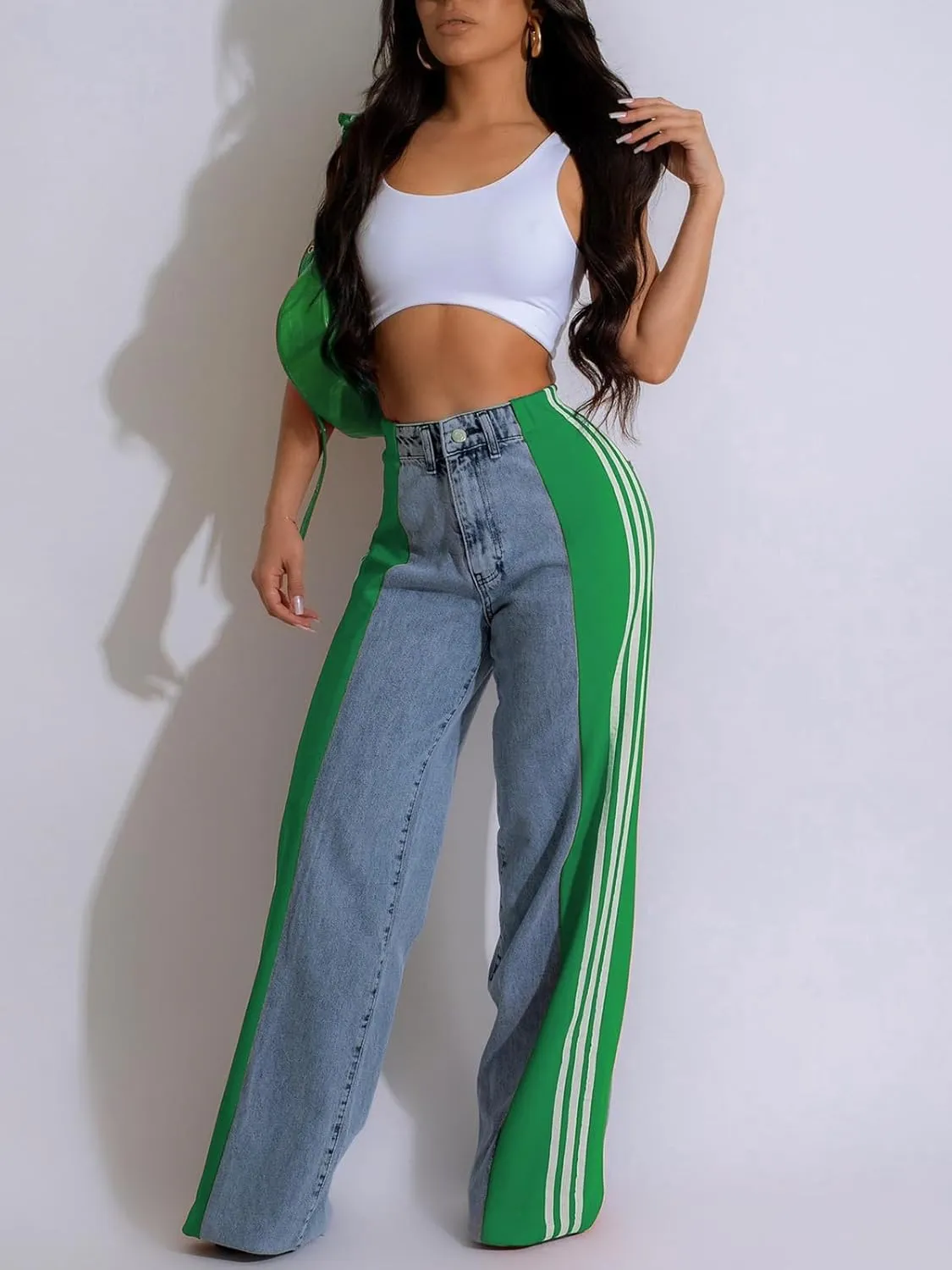 KANSOON Womens Jeans with Stretchy High Waisted Wide Leg Colorblock Patchwork Striped Trendy Streetwear Pants