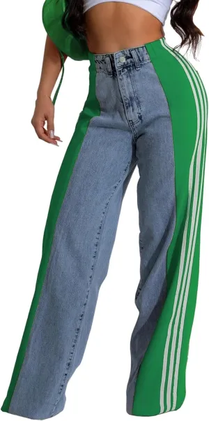 KANSOON Womens Jeans with Stretchy High Waisted Wide Leg Colorblock Patchwork Striped Trendy Streetwear Pants