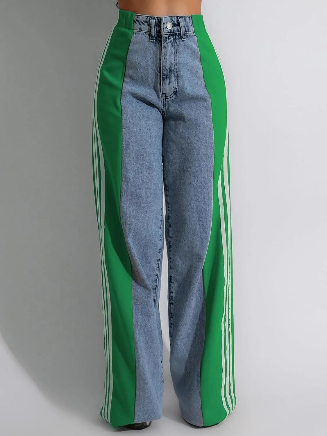 KANSOON Womens Jeans with Stretchy High Waisted Wide Leg Colorblock Patchwork Striped Trendy Streetwear Pants