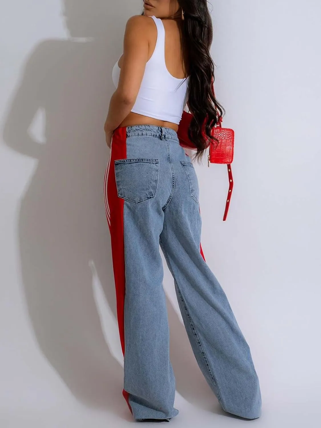 KANSOON Womens Jeans with Stretchy High Waisted Wide Leg Colorblock Patchwork Striped Trendy Streetwear Pants
