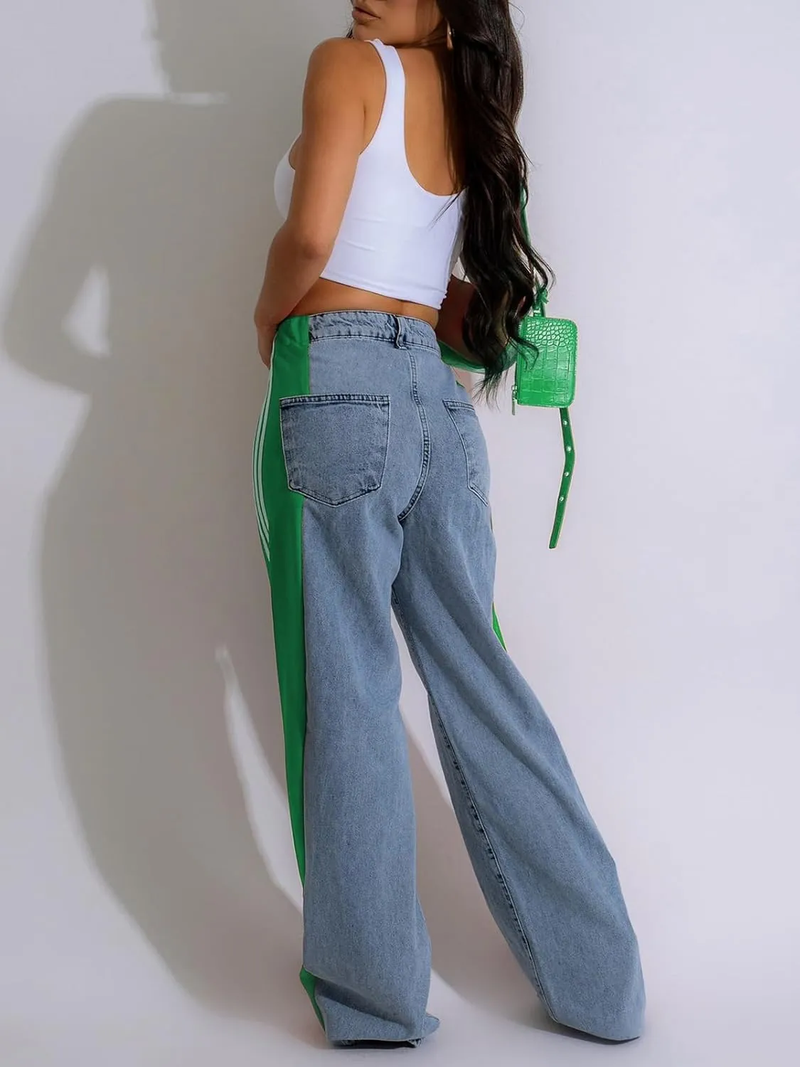 KANSOON Womens Jeans with Stretchy High Waisted Wide Leg Colorblock Patchwork Striped Trendy Streetwear Pants
