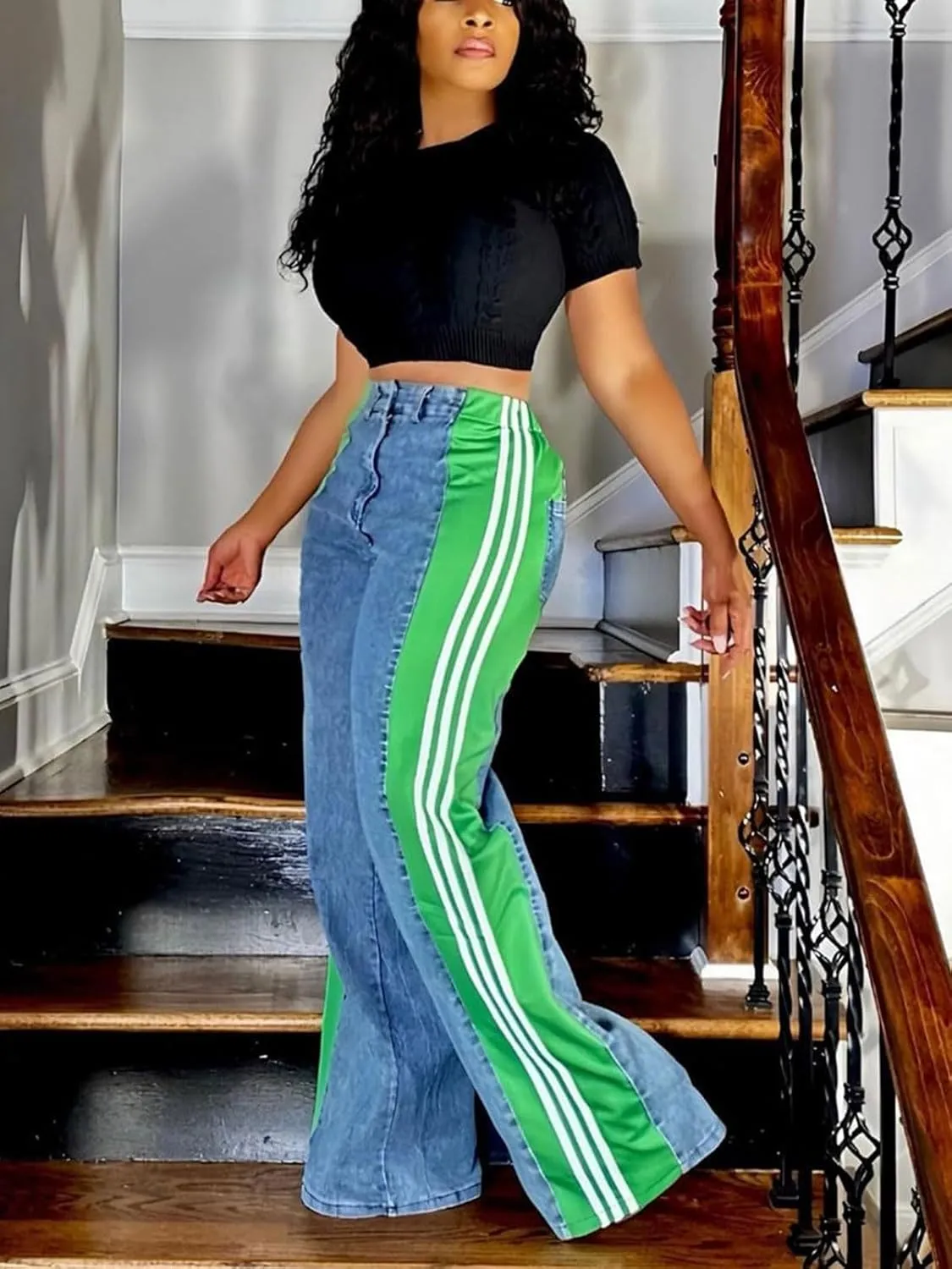 KANSOON Womens Jeans with Stretchy High Waisted Wide Leg Colorblock Patchwork Striped Trendy Streetwear Pants