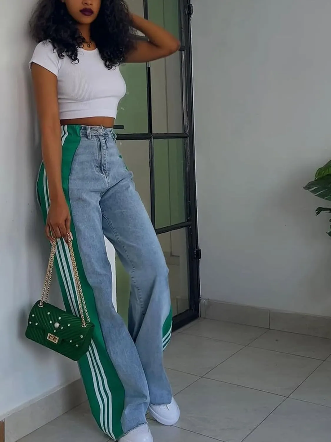 KANSOON Womens Jeans with Stretchy High Waisted Wide Leg Colorblock Patchwork Striped Trendy Streetwear Pants