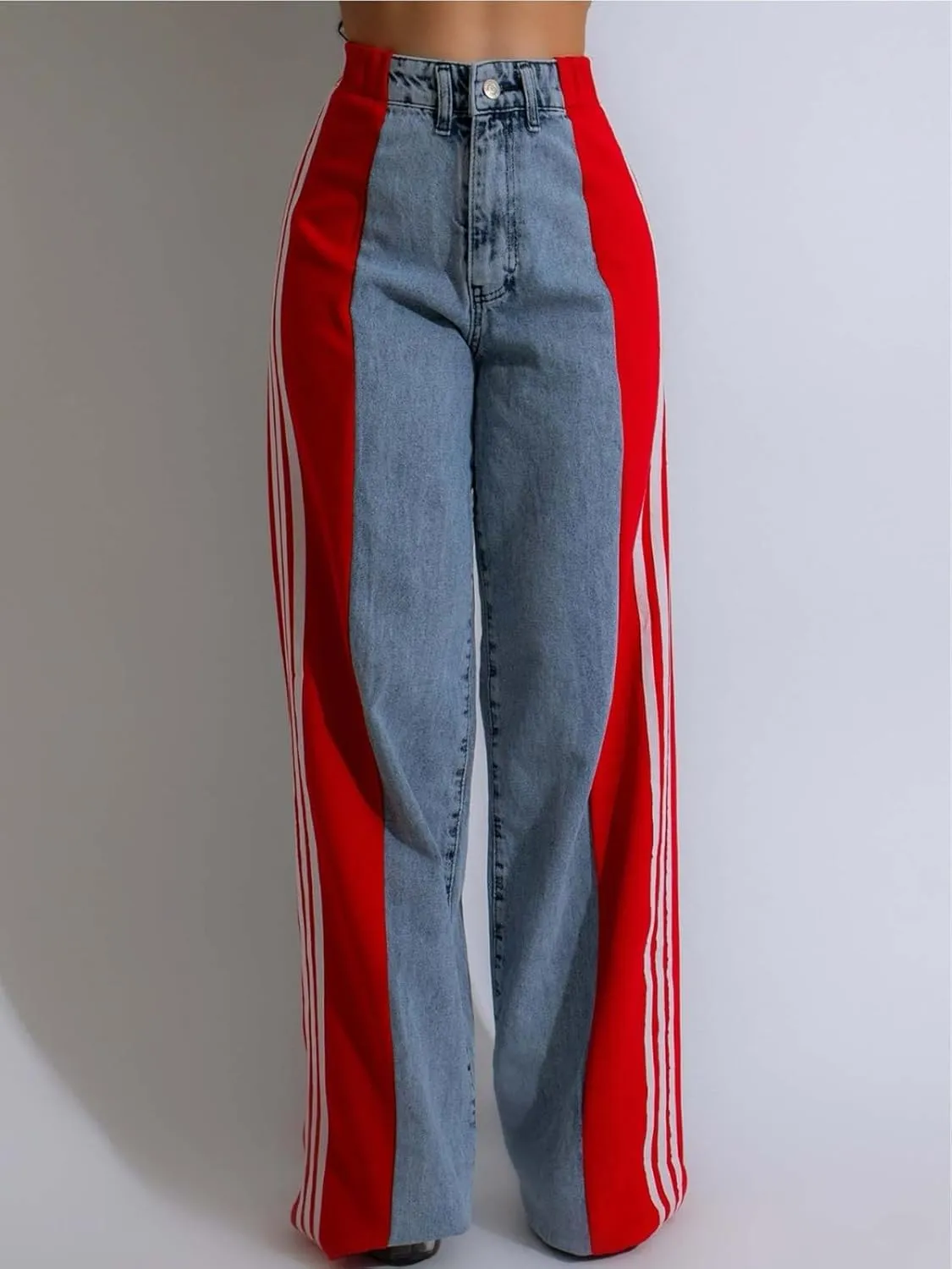 KANSOON Womens Jeans with Stretchy High Waisted Wide Leg Colorblock Patchwork Striped Trendy Streetwear Pants
