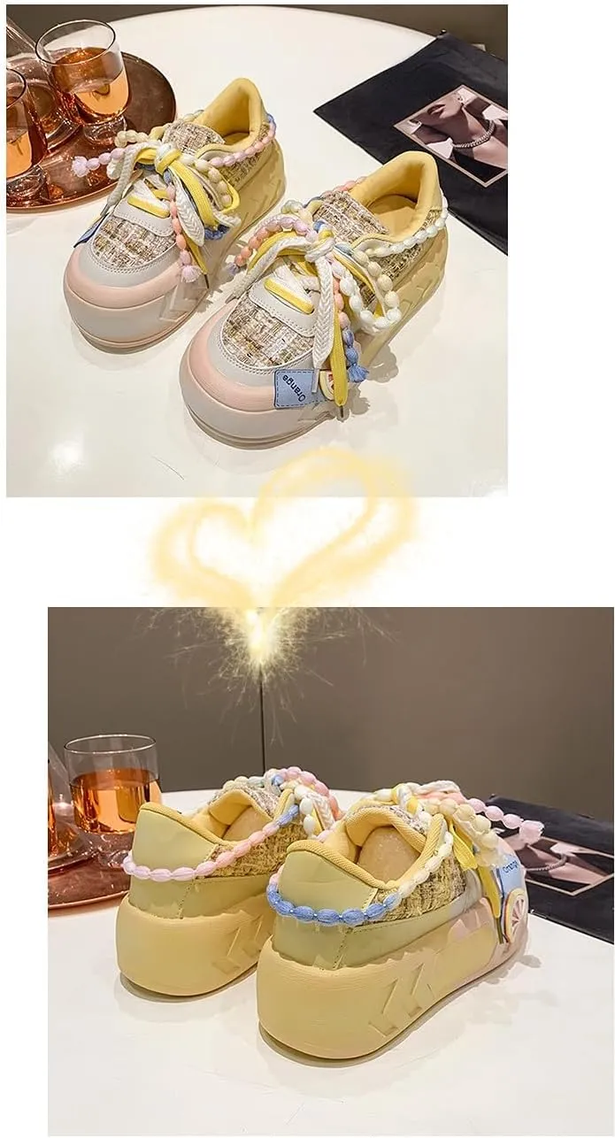 Kawaii Women's Y2K Platform Chunky Sneakers - Cute Linen Thick Roundhead Rave Travel Shoes