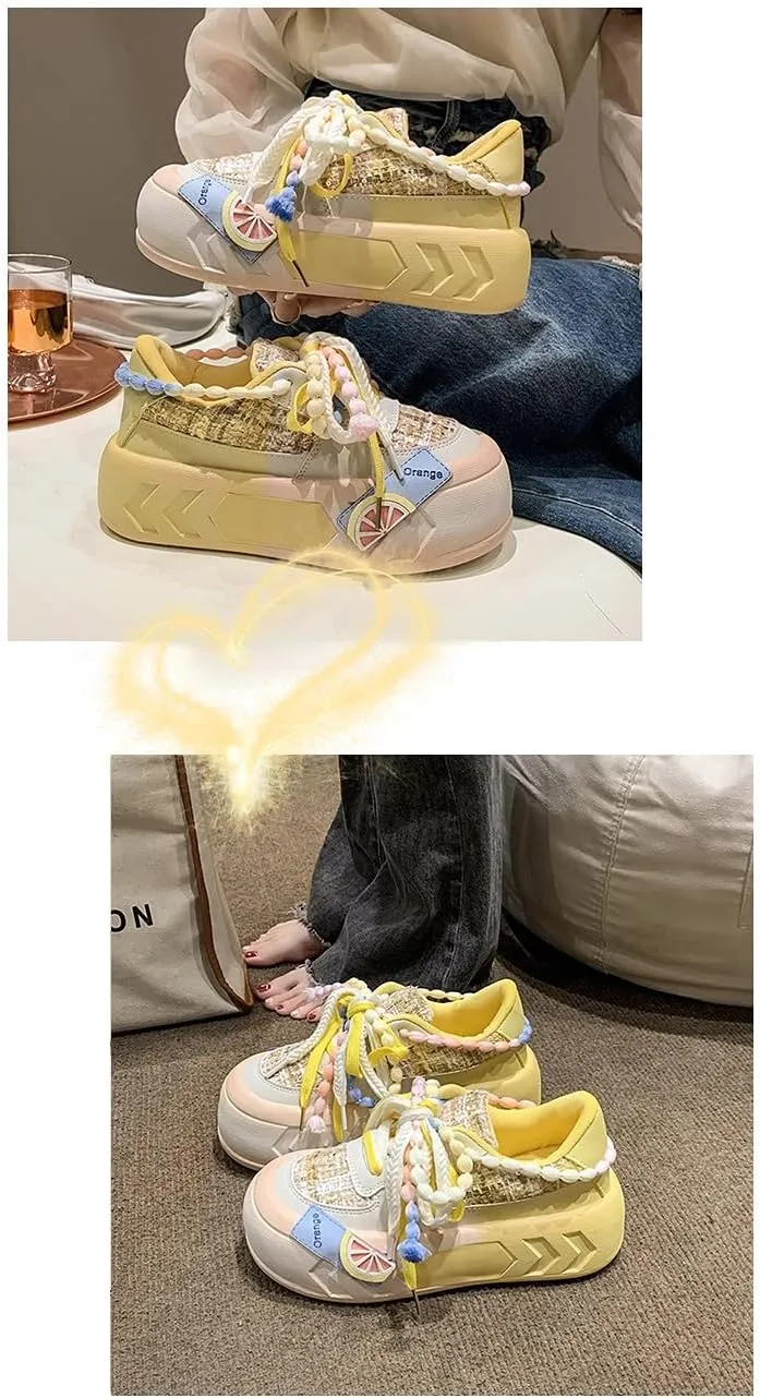 Kawaii Women's Y2K Platform Chunky Sneakers - Cute Linen Thick Roundhead Rave Travel Shoes