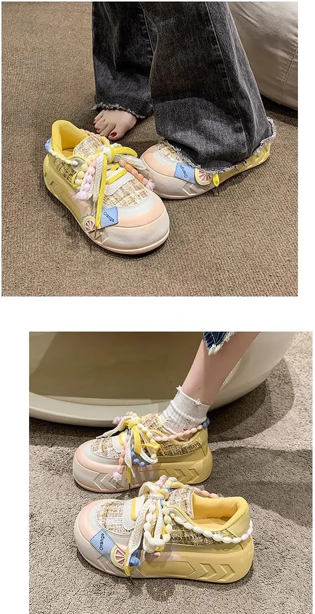 Kawaii Women's Y2K Platform Chunky Sneakers - Cute Linen Thick Roundhead Rave Travel Shoes