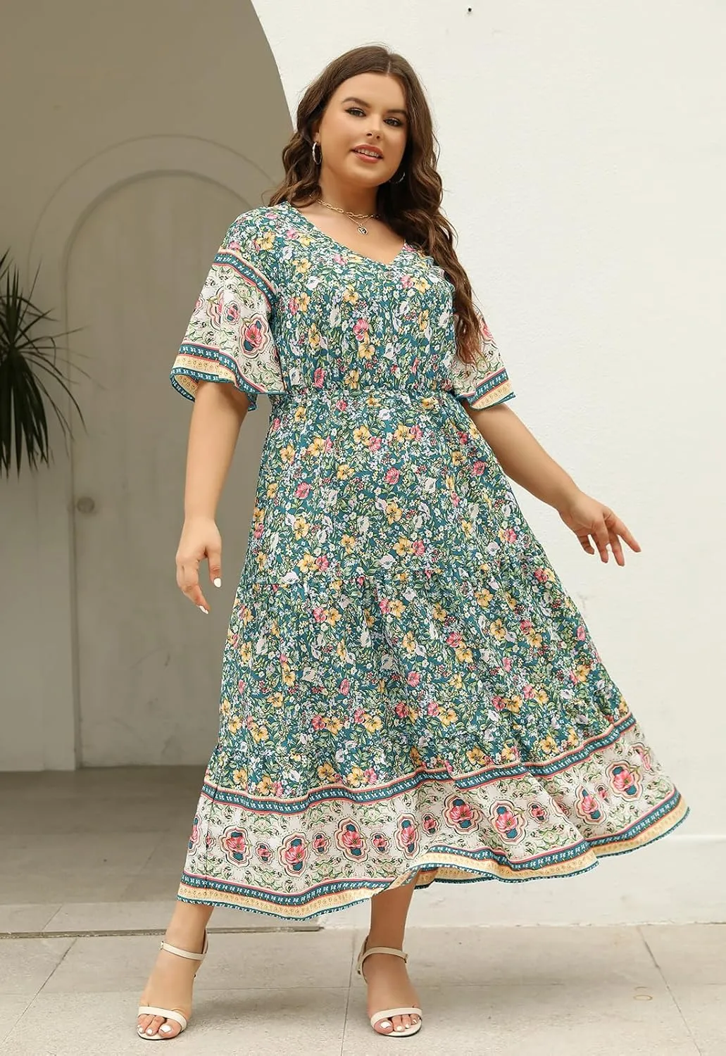 Keluummi Plus Size Wedding Guest Maxi Dresses for Curvy Women, Summer Casual Boho Floral Long Party Sundress with 3/4 Sleeve