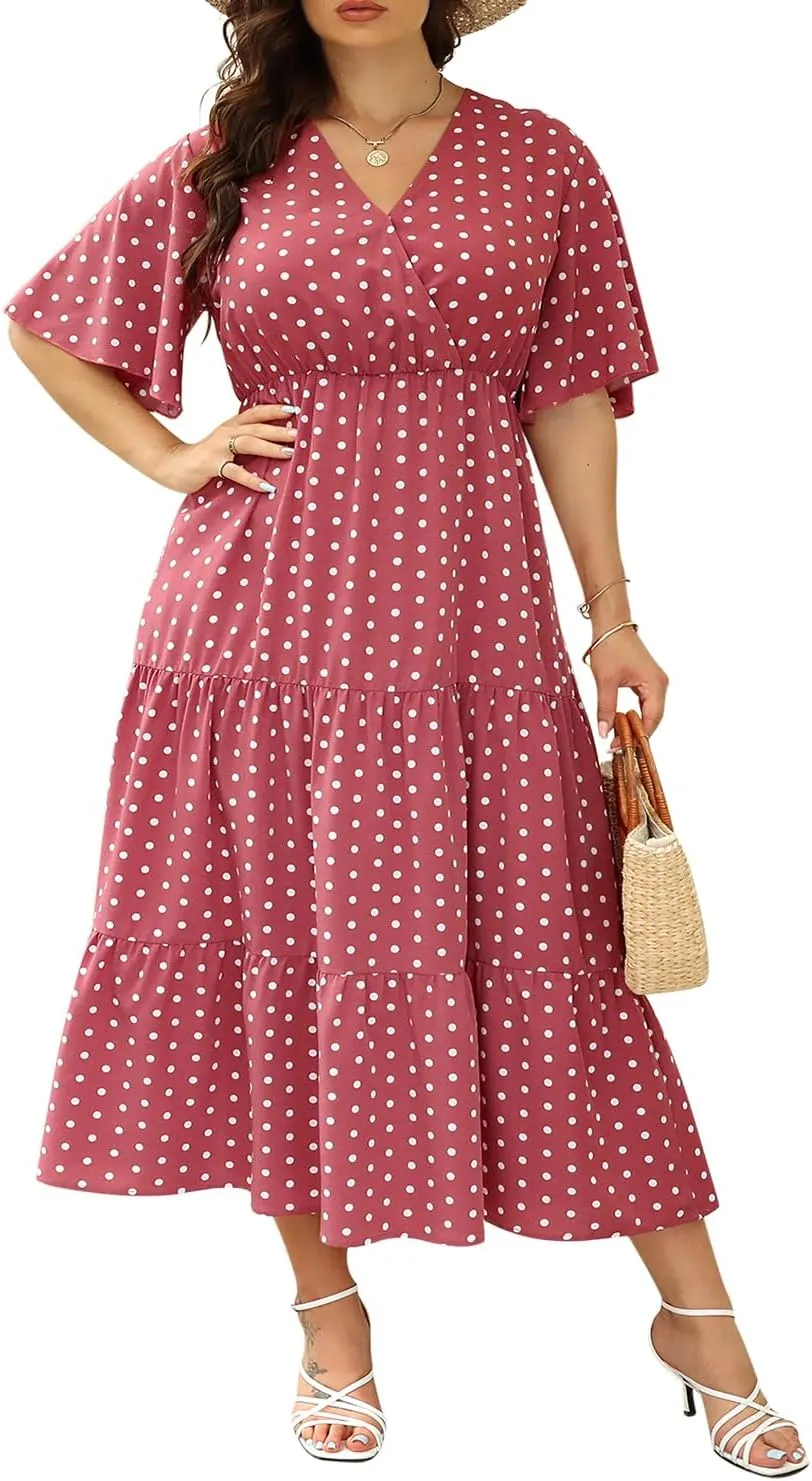 Keluummi Plus Size Wedding Guest Maxi Dresses for Curvy Women, Summer Casual Boho Floral Long Party Sundress with 3/4 Sleeve