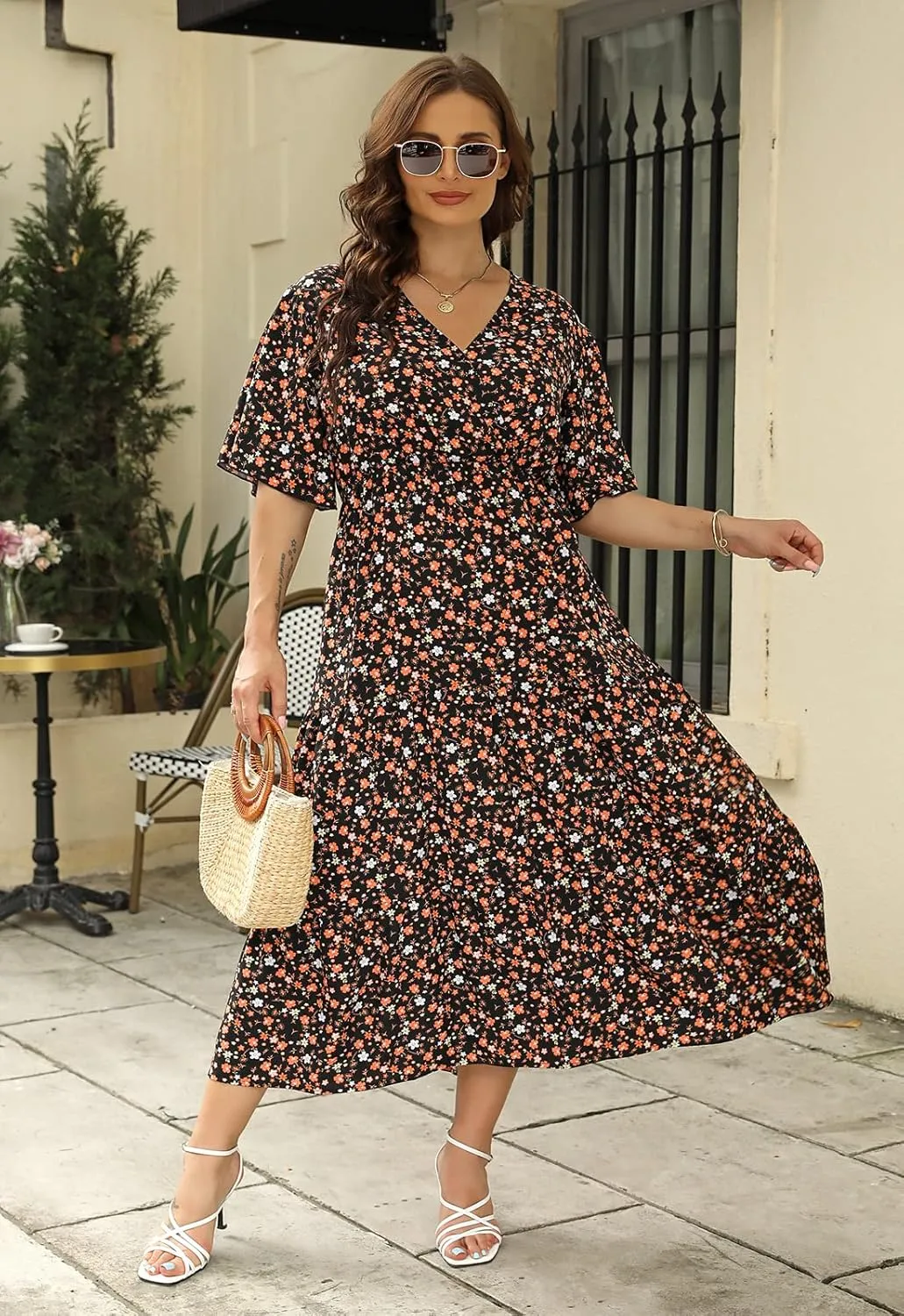 Keluummi Plus Size Wedding Guest Maxi Dresses for Curvy Women, Summer Casual Boho Floral Long Party Sundress with 3/4 Sleeve