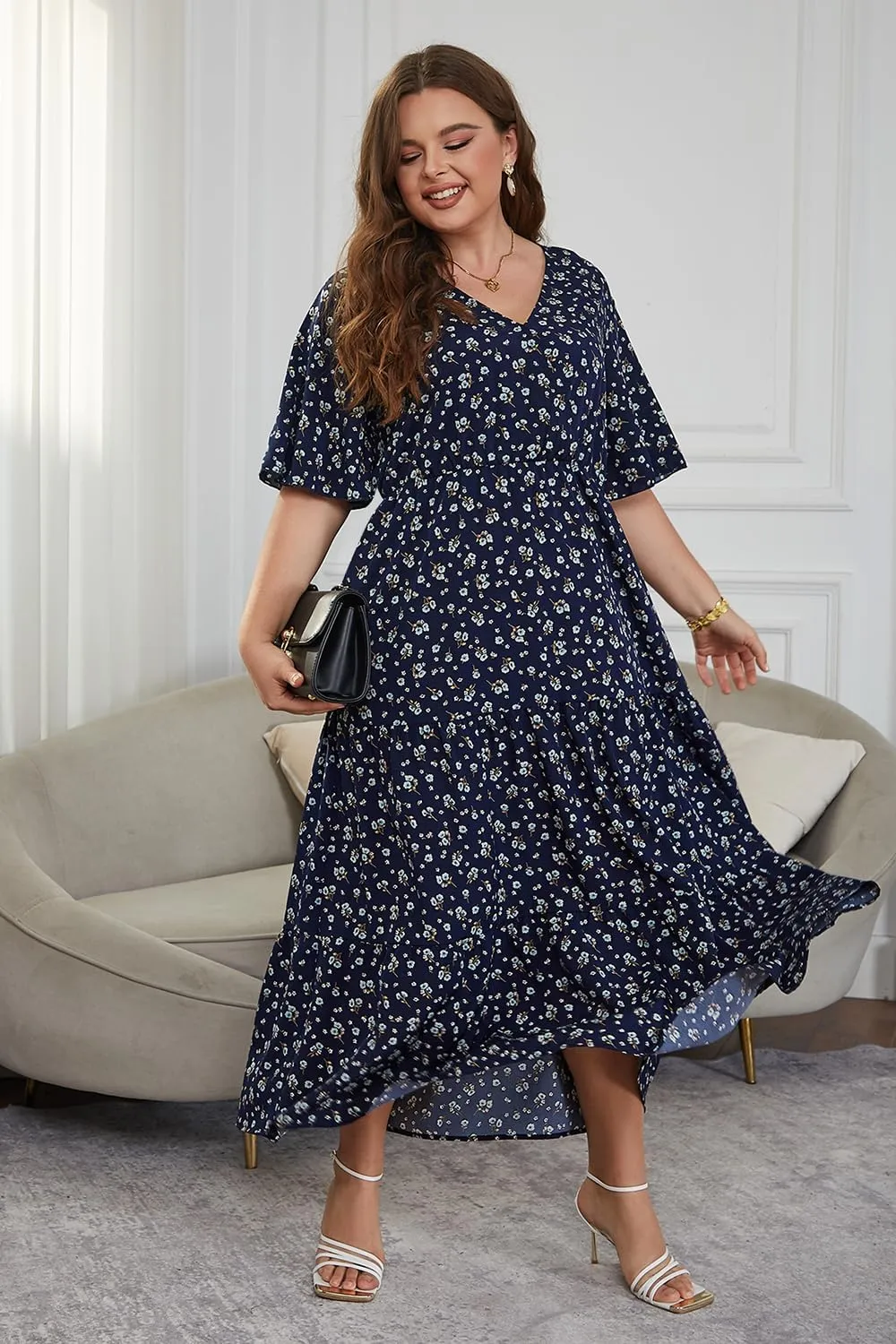 Keluummi Plus Size Wedding Guest Maxi Dresses for Curvy Women, Summer Casual Boho Floral Long Party Sundress with 3/4 Sleeve