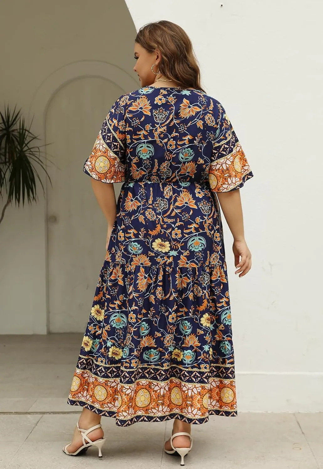 Keluummi Plus Size Wedding Guest Maxi Dresses for Curvy Women, Summer Casual Boho Floral Long Party Sundress with 3/4 Sleeve
