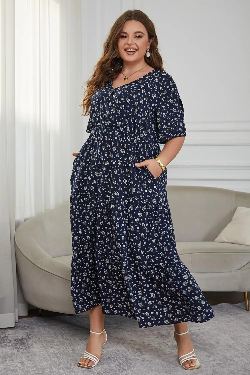 Keluummi Plus Size Wedding Guest Maxi Dresses for Curvy Women, Summer Casual Boho Floral Long Party Sundress with 3/4 Sleeve