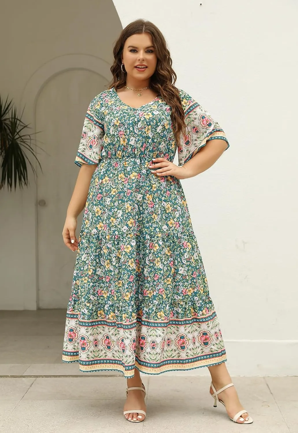 Keluummi Plus Size Wedding Guest Maxi Dresses for Curvy Women, Summer Casual Boho Floral Long Party Sundress with 3/4 Sleeve