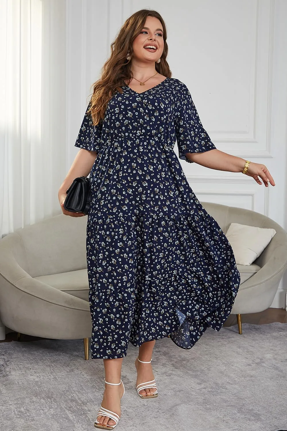 Keluummi Plus Size Wedding Guest Maxi Dresses for Curvy Women, Summer Casual Boho Floral Long Party Sundress with 3/4 Sleeve
