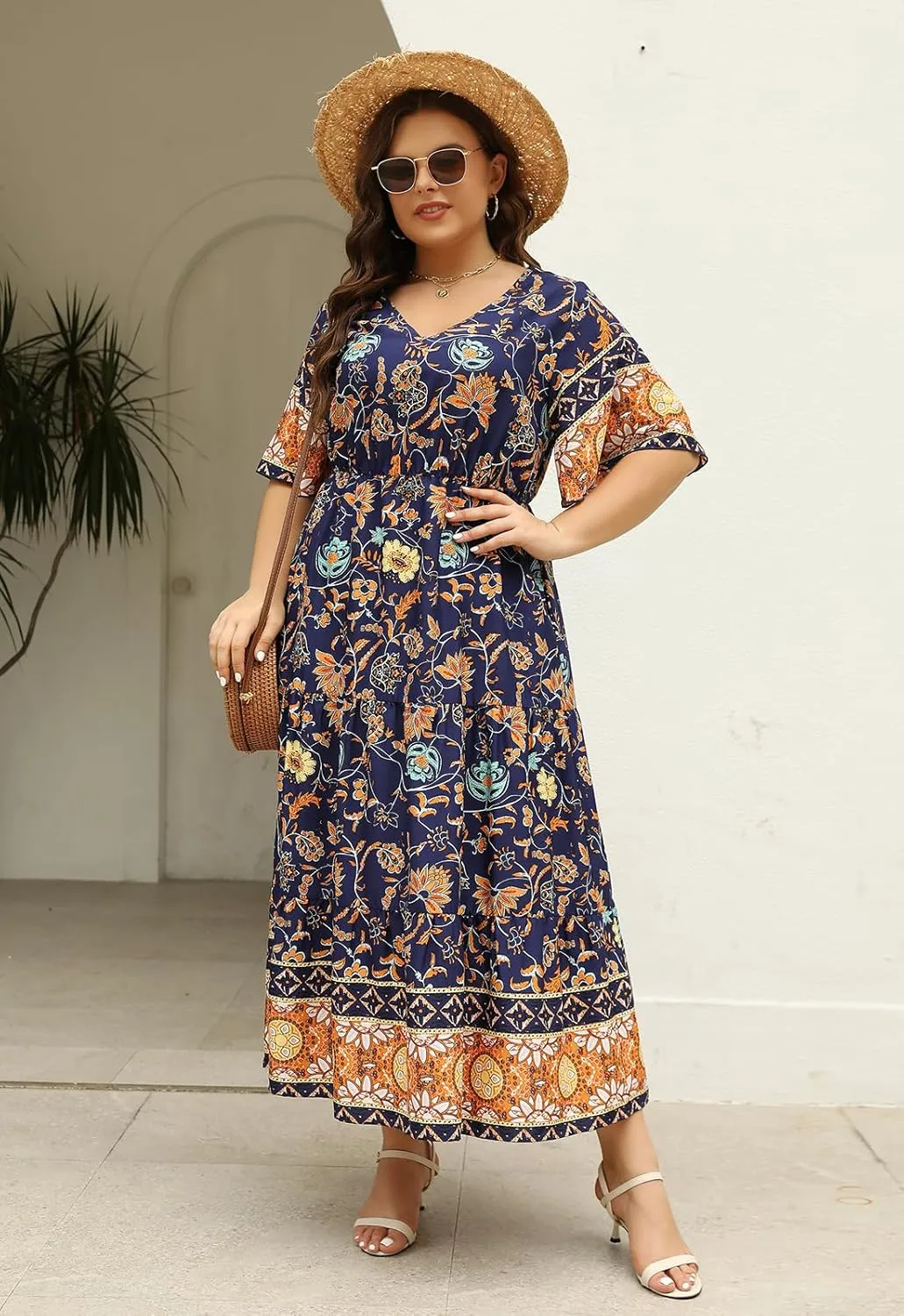 Keluummi Plus Size Wedding Guest Maxi Dresses for Curvy Women, Summer Casual Boho Floral Long Party Sundress with 3/4 Sleeve