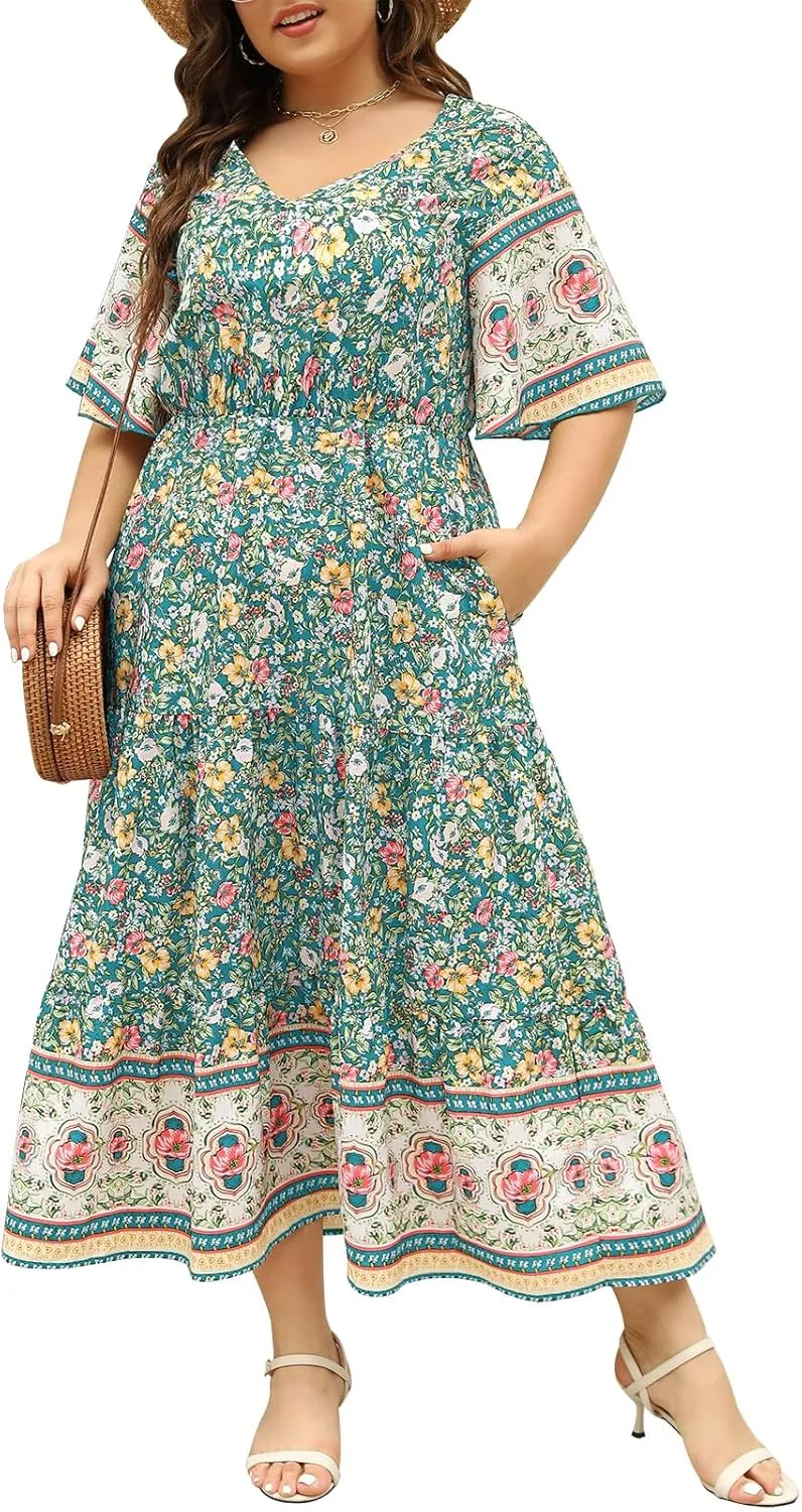 Keluummi Plus Size Wedding Guest Maxi Dresses for Curvy Women, Summer Casual Boho Floral Long Party Sundress with 3/4 Sleeve