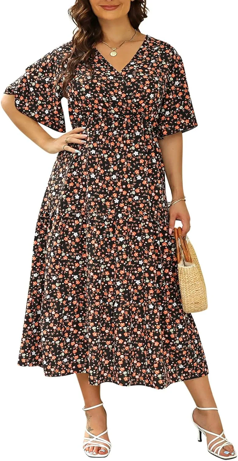 Keluummi Plus Size Wedding Guest Maxi Dresses for Curvy Women, Summer Casual Boho Floral Long Party Sundress with 3/4 Sleeve