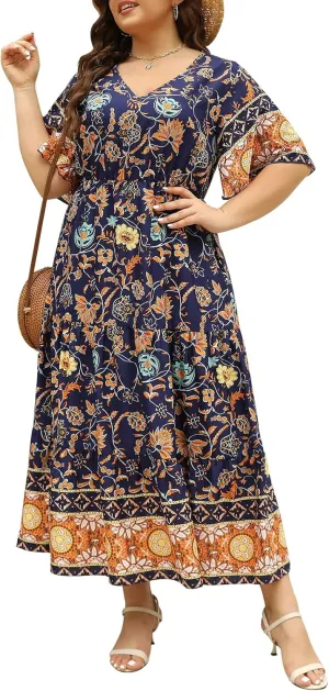 Keluummi Plus Size Wedding Guest Maxi Dresses for Curvy Women, Summer Casual Boho Floral Long Party Sundress with 3/4 Sleeve
