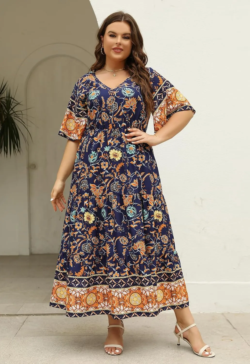 Keluummi Plus Size Wedding Guest Maxi Dresses for Curvy Women, Summer Casual Boho Floral Long Party Sundress with 3/4 Sleeve