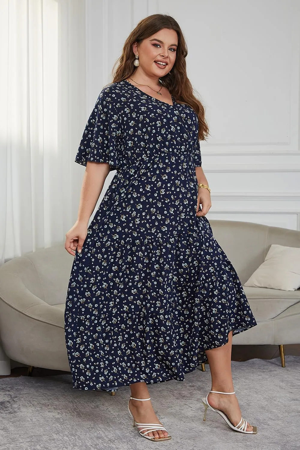 Keluummi Plus Size Wedding Guest Maxi Dresses for Curvy Women, Summer Casual Boho Floral Long Party Sundress with 3/4 Sleeve