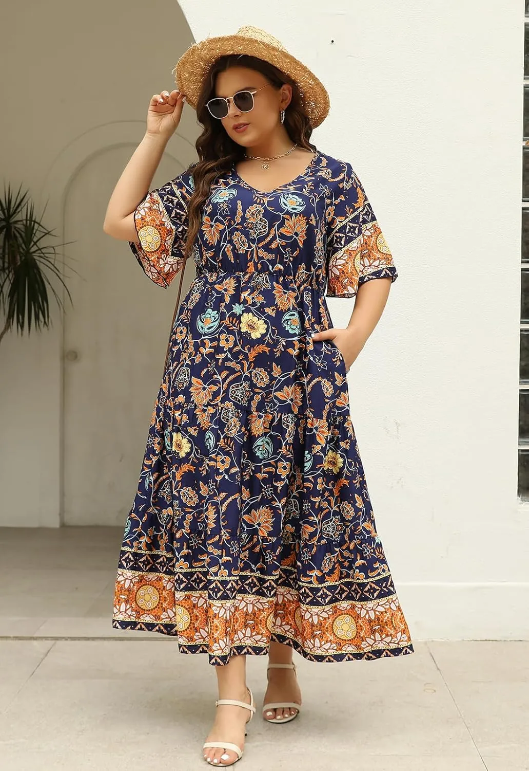 Keluummi Plus Size Wedding Guest Maxi Dresses for Curvy Women, Summer Casual Boho Floral Long Party Sundress with 3/4 Sleeve