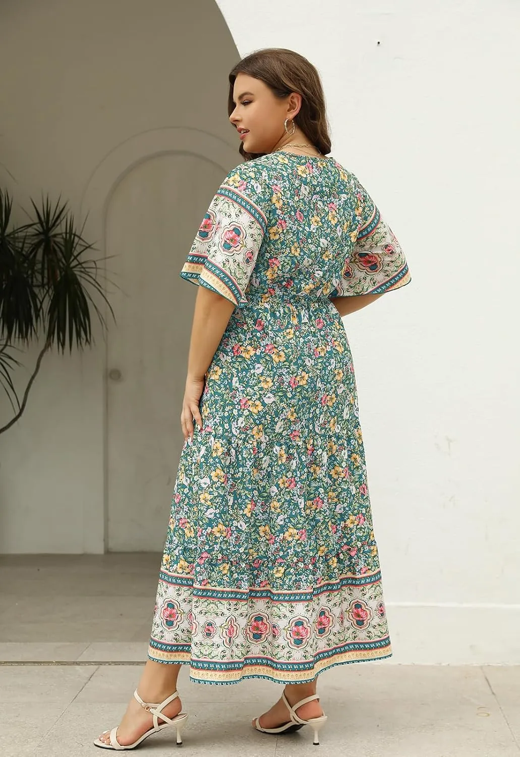 Keluummi Plus Size Wedding Guest Maxi Dresses for Curvy Women, Summer Casual Boho Floral Long Party Sundress with 3/4 Sleeve