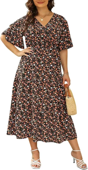 Keluummi Plus Size Wedding Guest Maxi Dresses for Curvy Women, Summer Casual Boho Floral Long Party Sundress with 3/4 Sleeve