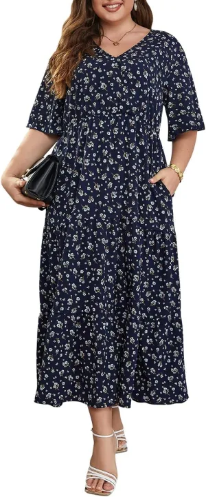 Keluummi Plus Size Wedding Guest Maxi Dresses for Curvy Women, Summer Casual Boho Floral Long Party Sundress with 3/4 Sleeve