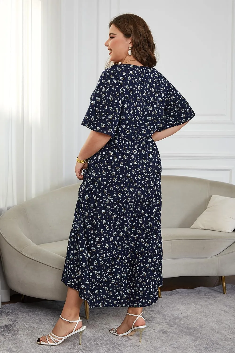 Keluummi Plus Size Wedding Guest Maxi Dresses for Curvy Women, Summer Casual Boho Floral Long Party Sundress with 3/4 Sleeve