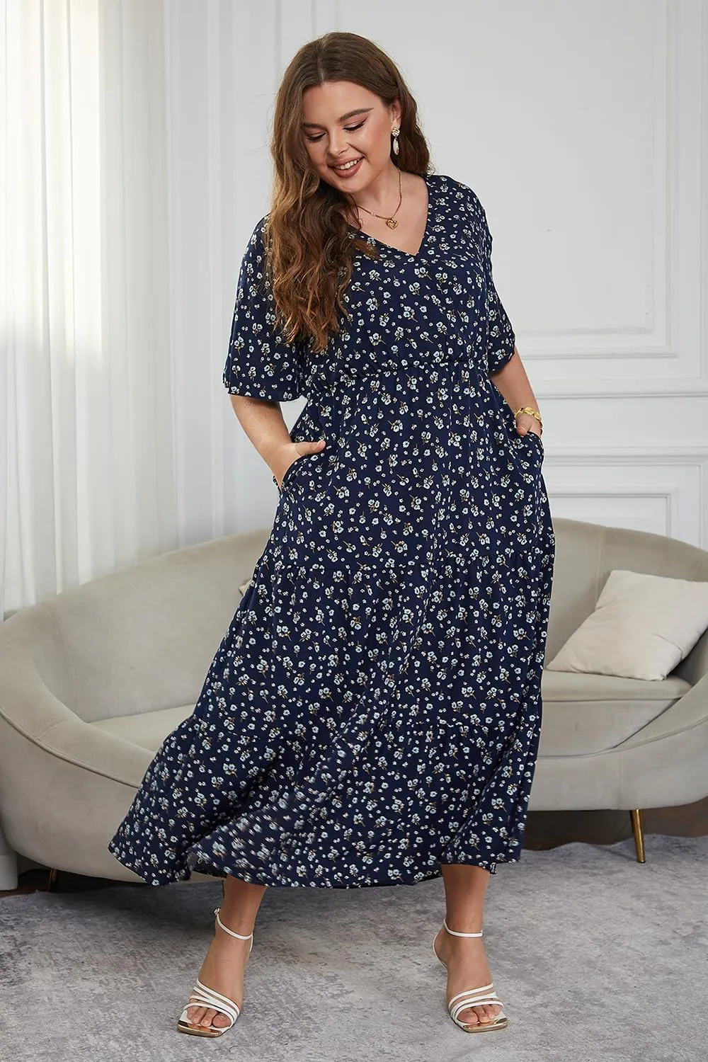 Keluummi Plus Size Wedding Guest Maxi Dresses for Curvy Women, Summer Casual Boho Floral Long Party Sundress with 3/4 Sleeve