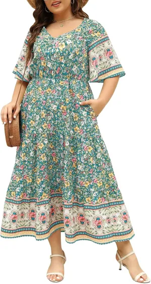 Keluummi Plus Size Wedding Guest Maxi Dresses for Curvy Women, Summer Casual Boho Floral Long Party Sundress with 3/4 Sleeve