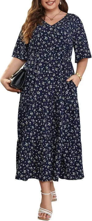Keluummi Plus Size Wedding Guest Maxi Dresses for Curvy Women, Summer Casual Boho Floral Long Party Sundress with 3/4 Sleeve