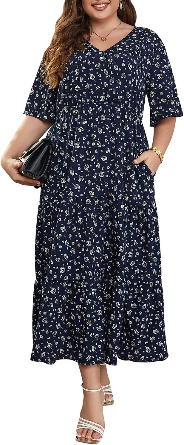 Keluummi Plus Size Wedding Guest Maxi Dresses for Curvy Women, Summer Casual Boho Floral Long Party Sundress with 3/4 Sleeve