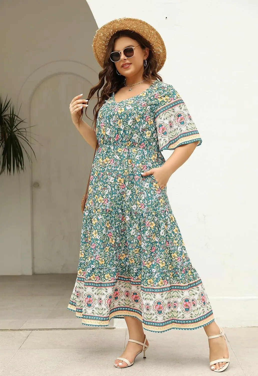 Keluummi Plus Size Wedding Guest Maxi Dresses for Curvy Women, Summer Casual Boho Floral Long Party Sundress with 3/4 Sleeve