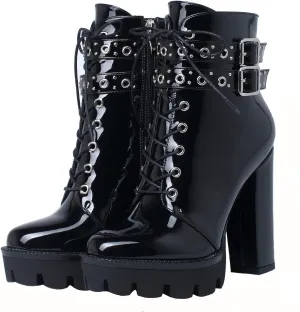 KiutSymo Gothic Ankle Boots For Women Studded Buckle Straps Chunky High Heels Platform Boots Lace Up Punk Combat Boots