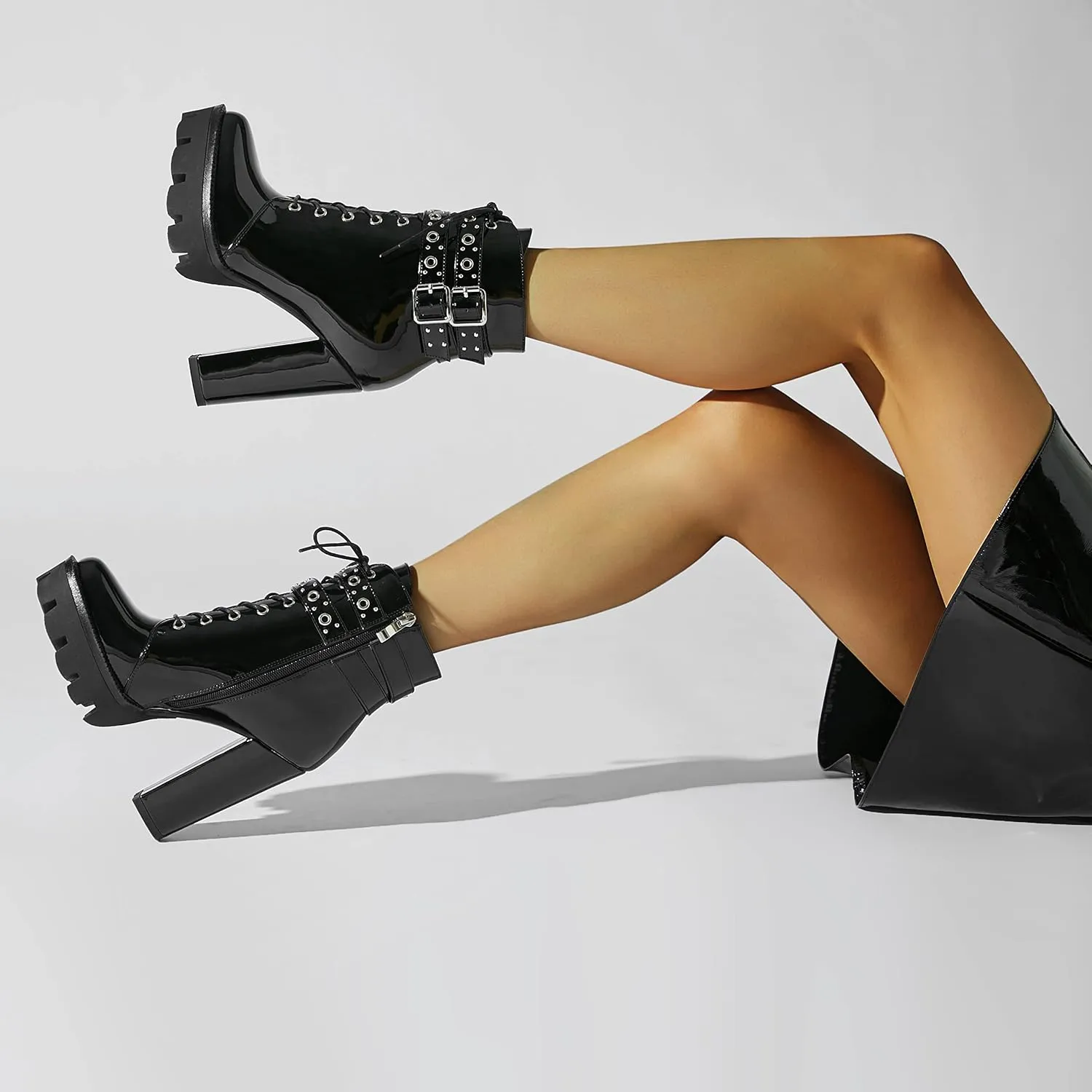 KiutSymo Gothic Ankle Boots For Women Studded Buckle Straps Chunky High Heels Platform Boots Lace Up Punk Combat Boots