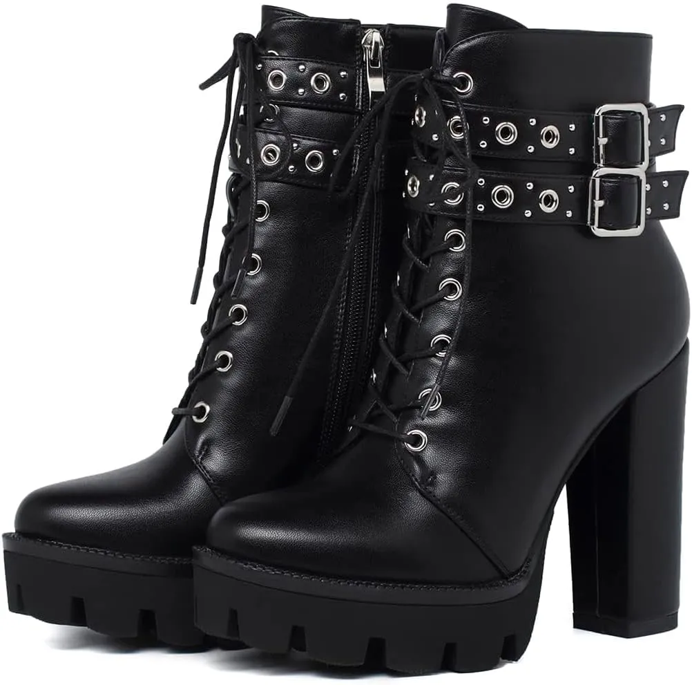 KiutSymo Gothic Ankle Boots For Women Studded Buckle Straps Chunky High Heels Platform Boots Lace Up Punk Combat Boots