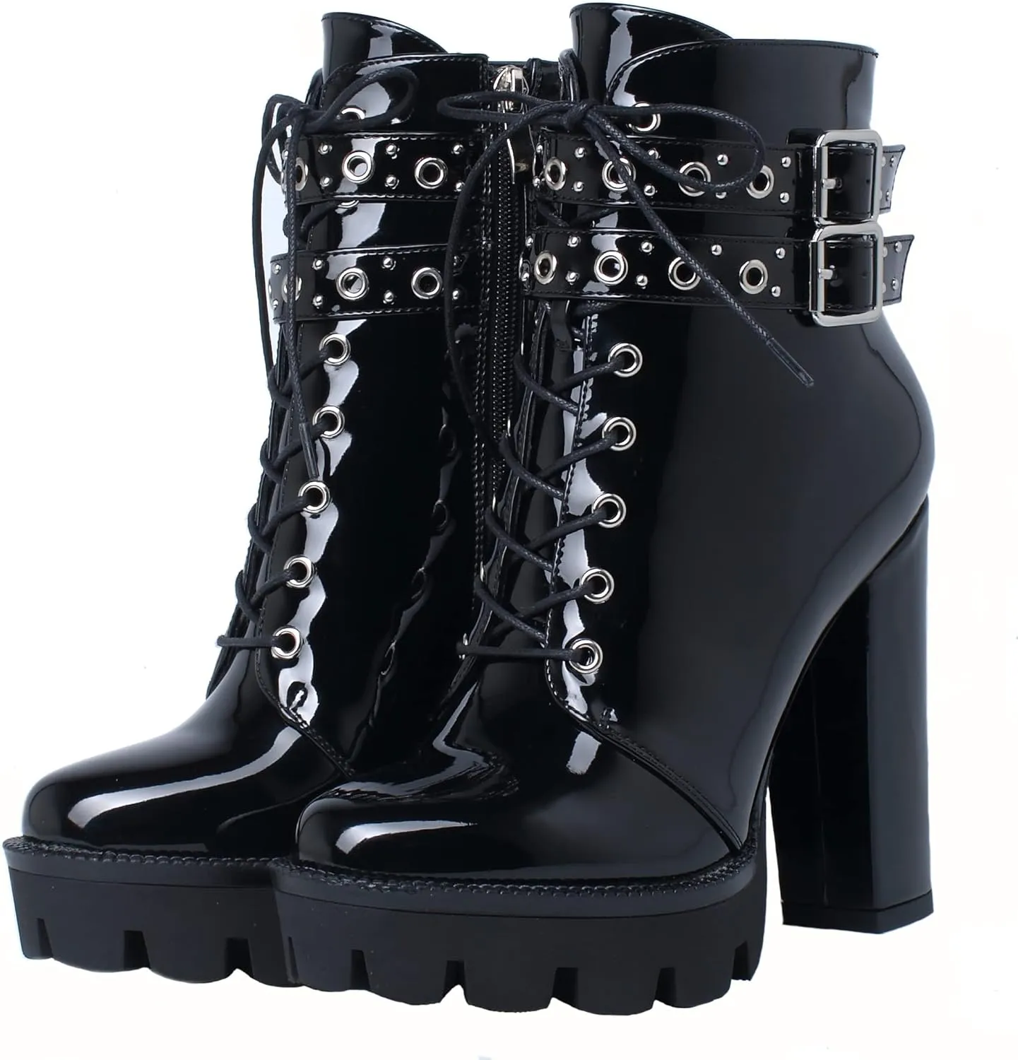 KiutSymo Gothic Ankle Boots For Women Studded Buckle Straps Chunky High Heels Platform Boots Lace Up Punk Combat Boots