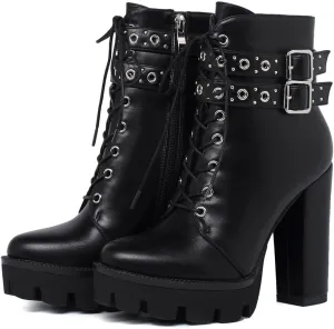 KiutSymo Gothic Ankle Boots For Women Studded Buckle Straps Chunky High Heels Platform Boots Lace Up Punk Combat Boots