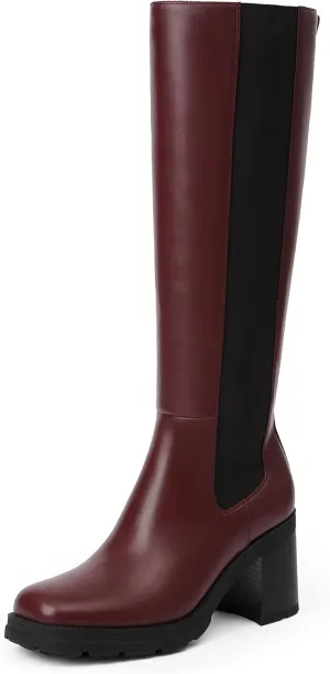Knee High Boots Women Chelsea Platform Chunky Boots Slip on Faux Leather Square Toe Fall Long Tall Boots for Women