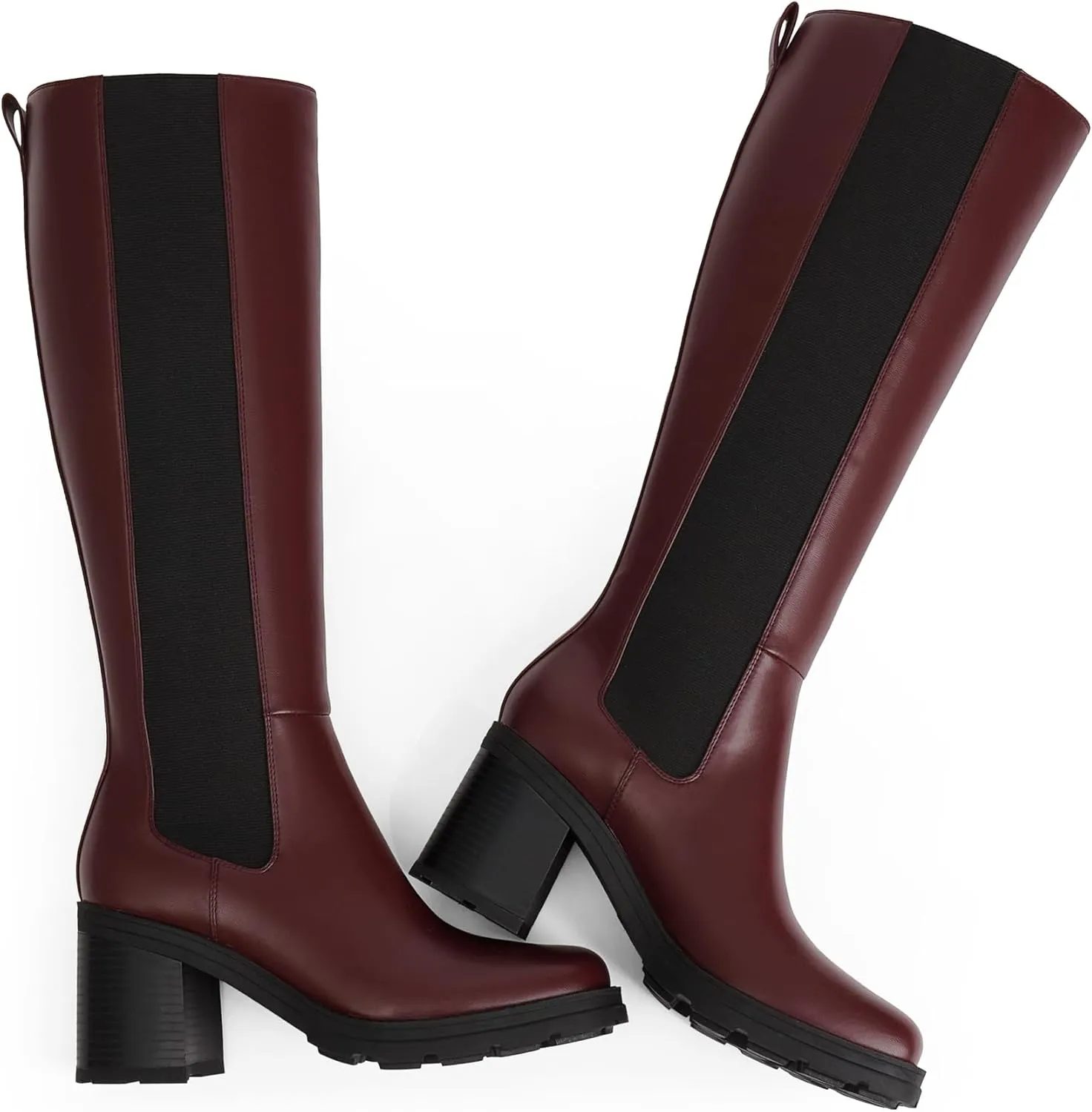 Knee High Boots Women Chelsea Platform Chunky Boots Slip on Faux Leather Square Toe Fall Long Tall Boots for Women