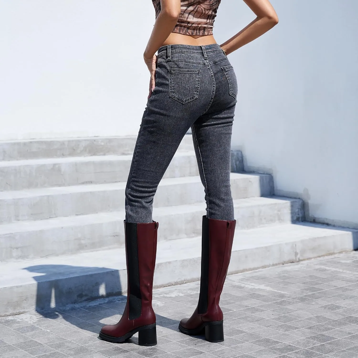 Knee High Boots Women Chelsea Platform Chunky Boots Slip on Faux Leather Square Toe Fall Long Tall Boots for Women