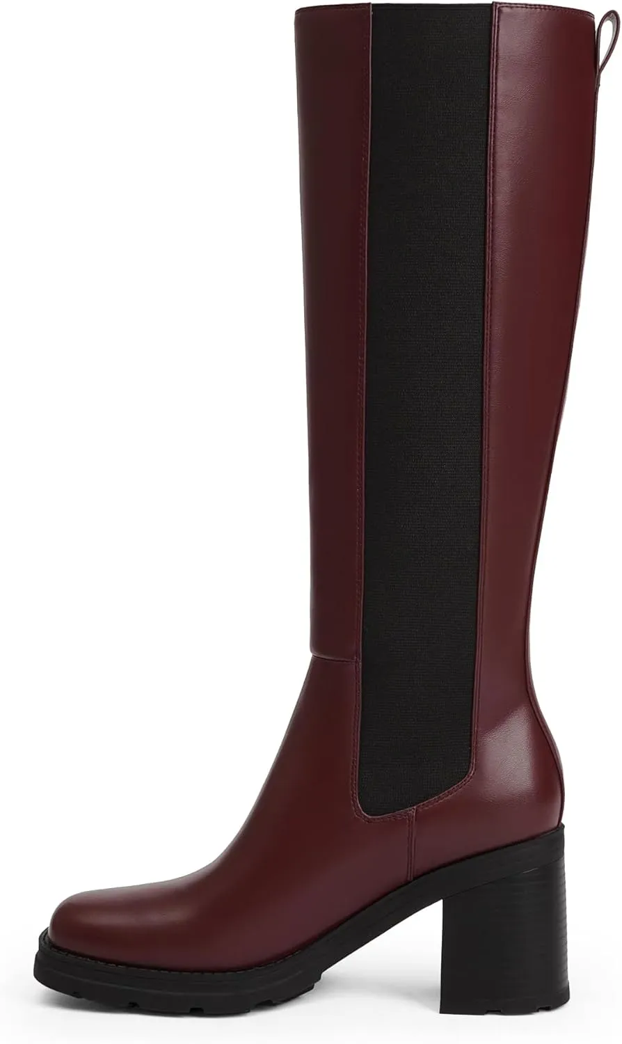 Knee High Boots Women Chelsea Platform Chunky Boots Slip on Faux Leather Square Toe Fall Long Tall Boots for Women