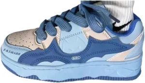 Korean Kawaii Chunky Bat Sneakers in Blue & Pink - Women's Skate Shoes with Hip-Hop Style | Colorful Laces, Ideal for Students & Casual Outfits, Trendy Fashion