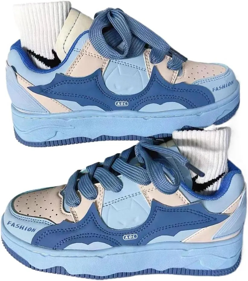 Korean Kawaii Chunky Bat Sneakers in Blue & Pink - Women's Skate Shoes with Hip-Hop Style | Colorful Laces, Ideal for Students & Casual Outfits, Trendy Fashion
