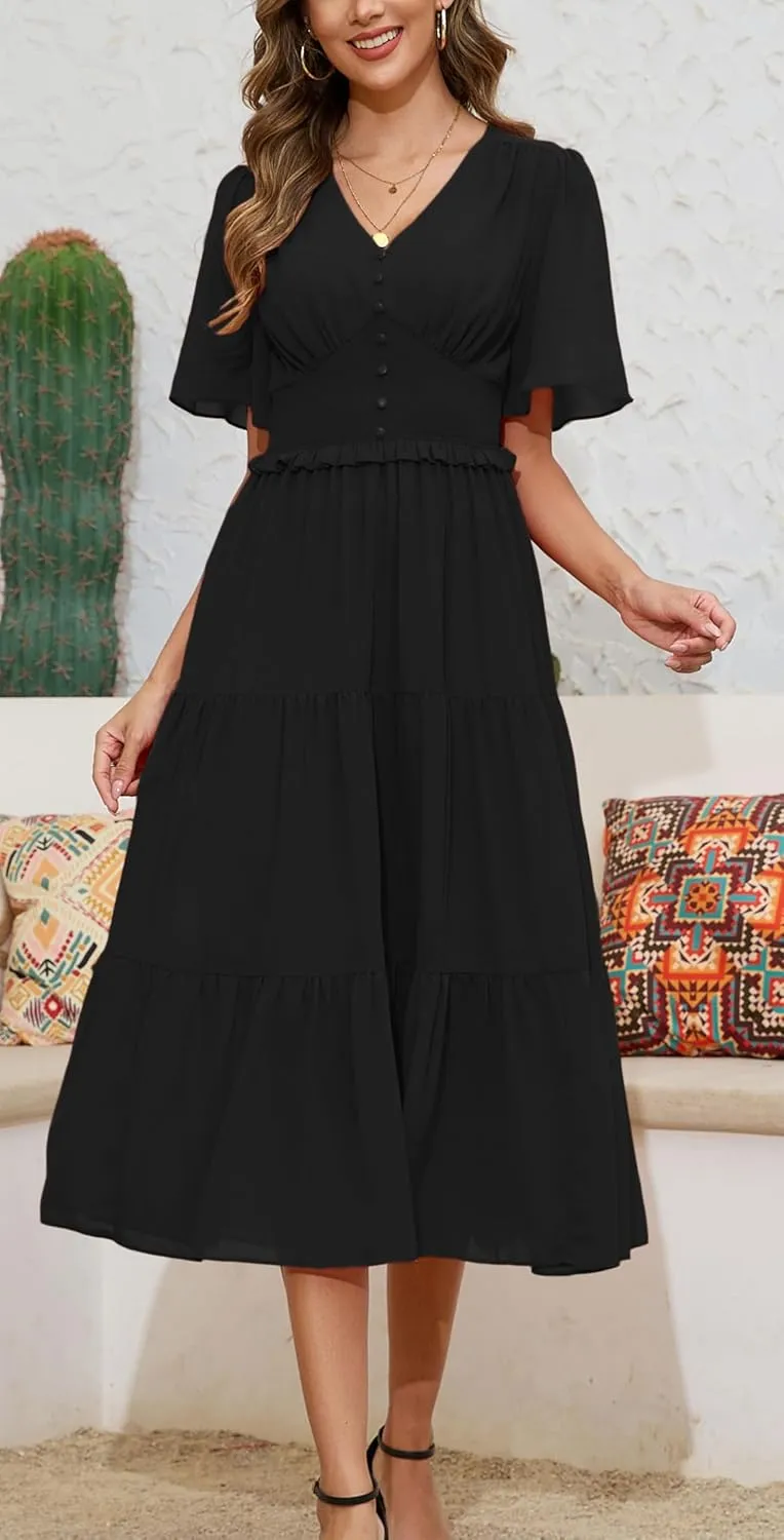 Kormei Women's V Neck Short Sleeve Boho Smocked Long Flowy Summer Dress Wedding Guest Engagement Dresses