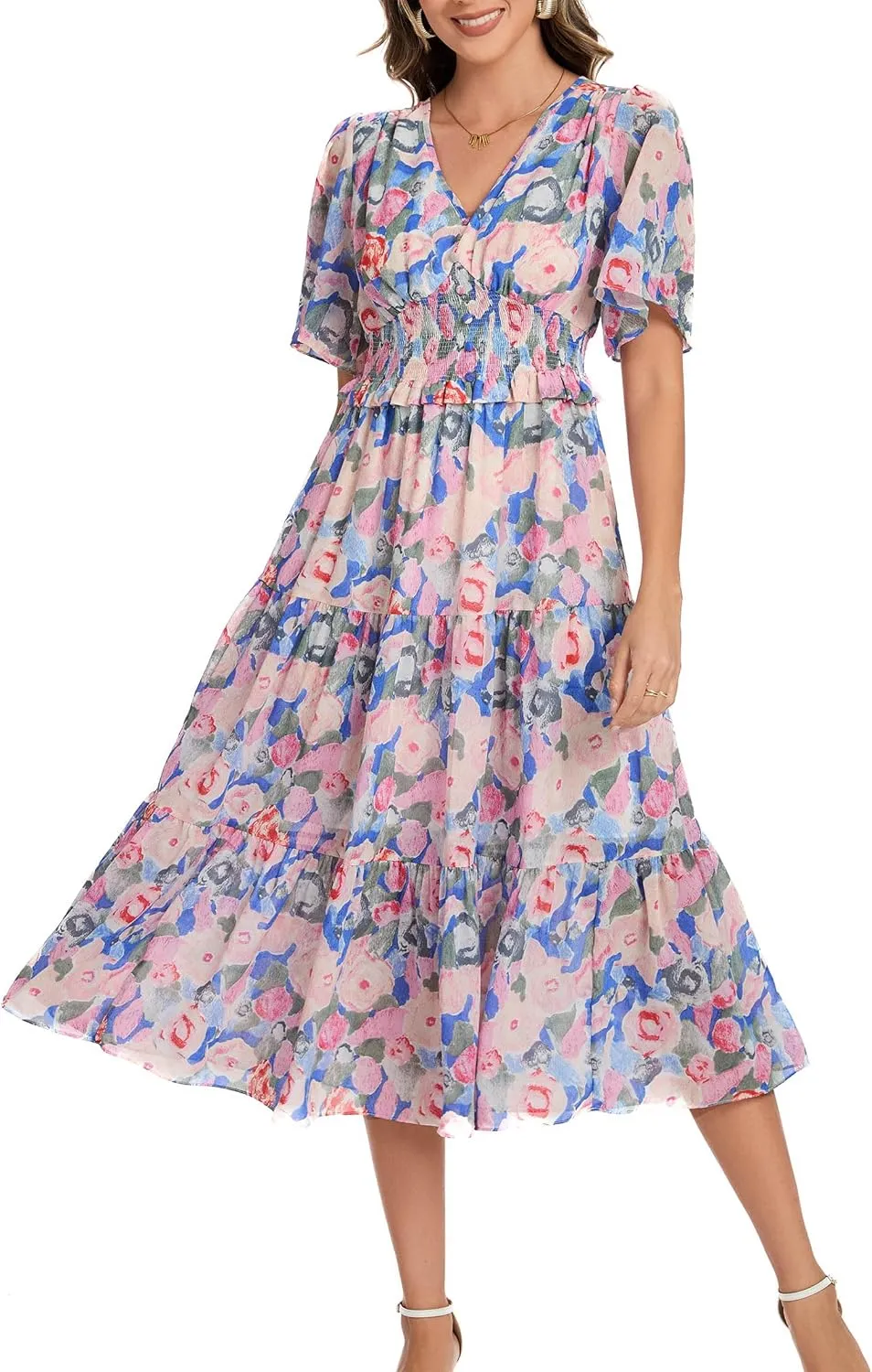 Kormei Women's V Neck Short Sleeve Boho Smocked Long Flowy Summer Dress Wedding Guest Engagement Dresses